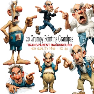 May include: A digital graphic featuring 20 cartoon illustrations of grumpy grandpas pointing. The text reads "20 Grumpy Pointing Grandpas" with details about the transparent background and high-quality PNG format.
