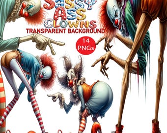 Op de afbeelding: Een digitale illustratie met verschillende cartoonclowns met overdreven kenmerken. De clowns hebben rood haar, witte gezichten en kleurrijke kostuums. Tekst bevat "Sassy Ass Clowns" en "Transparent Background". Een rode cirkel geeft "14 PNG's" aan.