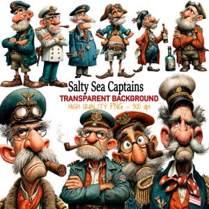 Könnte beinhalten: Eine digitale Illustration von mehreren Cartoon-Seefahrerkapitänen in verschiedenen Outfits. Die Kapitäne sind mit Schnurrbärten, Hüten dargestellt, und einige rauchen Pfeifen oder Zigarren. Der Text "Salty Sea Captains" wird in Rot angezeigt.