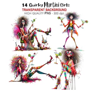 Puede incluir: Cuatro ilustraciones digitales de mujeres con cabello y ropa coloridos sosteniendo copas de martini. Las mujeres están en varias poses y tienen diferentes expresiones. El fondo es transparente.