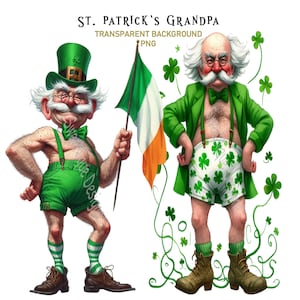 Op de afbeelding: Digitale illustratie van twee cartoonfiguren van St. Patrick's Grandpa. Eén figuur houdt een Ierse vlag vast. Beide figuren dragen groene outfits, hoeden en vlinderdassen. Eén figuur draagt een korte broek met klavers, de andere een groene korte broek. De tekst "St. Patrick's Grandpa" staat bovenaan.
