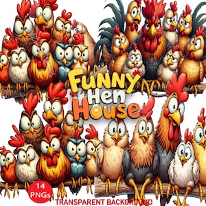 May include: A collection of cartoon chickens and roosters with exaggerated features, perched on a wooden branch. The image includes the text "FUNNY Hen House" in yellow and orange, and "14 PNGs TRANSPARENT BACKGROUND".