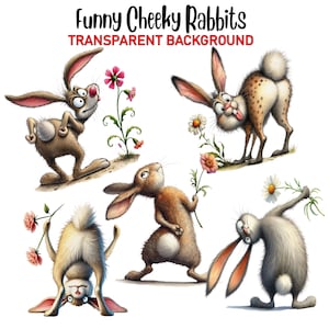 Può includere: Quattro conigli di cartone animato in varie pose, tra cui uno con la lingua di fuori, su uno sfondo bianco. I conigli sono marroni, grigi e macchiati. Alcuni dei conigli tengono dei fiori.