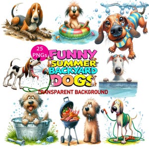 25 cliparts PNG drôles de chien lunatique - chiens d'été de jardin, sublimation aquarelle de chiot original, fabrication de cartes, téléchargement numérique transparent