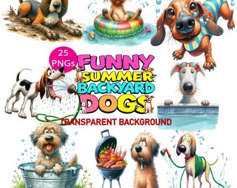 25 Funny Whimsical Dog Clipart PNGs – Backyard Summer Dogs, Quirky Puppy Watercolor Sublimation, Card Making, Transparent Digital Download