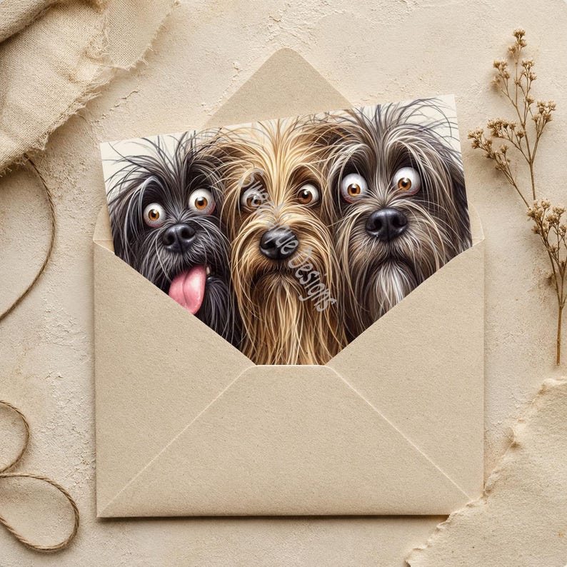 May include: A rectangular greeting card tucked inside a light tan envelope, featuring a detailed illustration of three shaggy dogs with wide eyes. The left dog is black with a pink tongue, the center is golden-brown, and the right is dark gray.