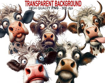 15 imágenes prediseñadas de vacas locas con caras graciosas, fondo transparente PNG, 300 ppp, descarga digital de alta calidad, impresiones, sublimación de acuarela, retrato