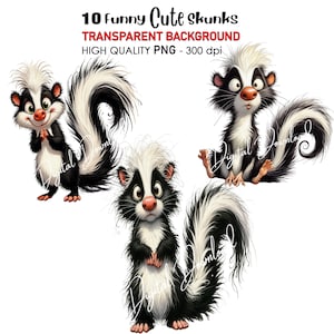 10 PNG Lustiges niedliches Stinktier Clip Art Transparenter Hintergrund Hohe Qualität 300 dpi Digital Download Drucke, Sublimation, HTV, Waldtier