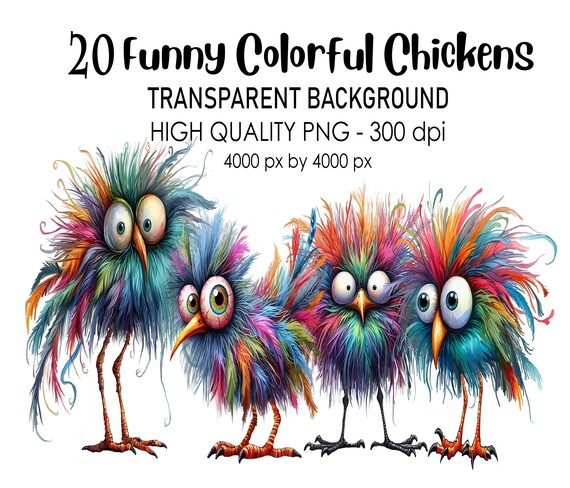 20 Transparent Background Funny Colorful Chicken Birds Clip Art, PNG 300 dpi Quality Digital Download Prints Watercolor Style Sublimation