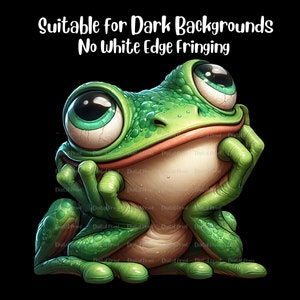 May include: A green frog with large eyes and a thoughtful expression, sitting with its chin resting on its hands. The frog is rendered in a cartoon style with a detailed texture. The background is black.