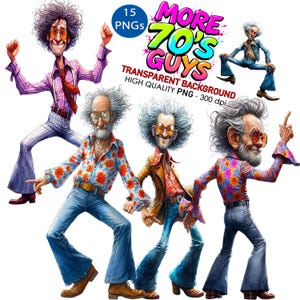 15 More 70s Old Guys Clip Art transparante achtergrond PNG 300 DPI hoge kwaliteit digitale download prints sublimatie retro vibes disco oude mannen