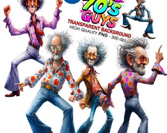 Altri 15 vecchi ragazzi degli anni '70 Clip Art Sfondo trasparente PNG 300 DPI Alta qualità Download digitale Stampe Sublimazione Vibrazioni retrò Disco Old Men