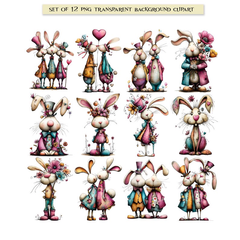 Whimsical Spring Rabbits PNG Clipart: 12 Quirky Easter Graphics ...
