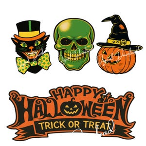 Może przedstawiać: Grafika o tematyce Halloween z czarnym kotem w cylindrze i muszce, zieloną czaszką i dynią w kapeluszu czarownicy. Projekt zawiera baner z napisem "Happy Halloween Trick or Treat".