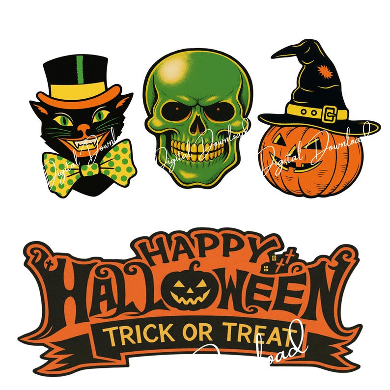 Może przedstawiać: Grafika o tematyce Halloween z czarnym kotem w cylindrze i muszce, zieloną czaszką i dynią w kapeluszu czarownicy. Projekt zawiera baner z napisem "Happy Halloween Trick or Treat".