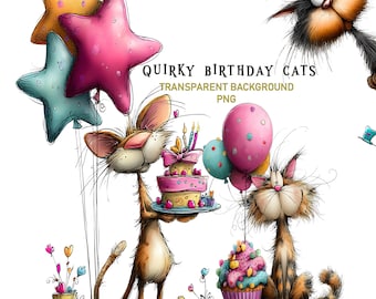 Quirky Birthday Cats PNG Clipart: 20 Funny Graphics Transparent Background Watercolor Sublimation Print