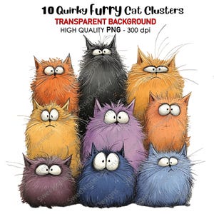 10 Quirky Furry Cat Clusters Clip Art Transparent Background PNG 300 DPI High Quality Digital Download Prints Sublimation Funny Cartoon