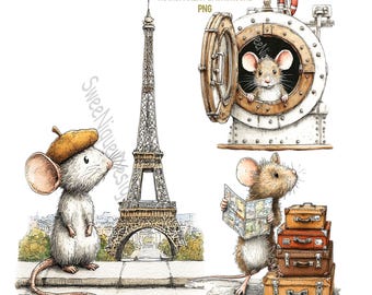 Watercolor Travel Mouse Clipart Set, Cruise, Paris, Gondola Scenes (Digital Download)