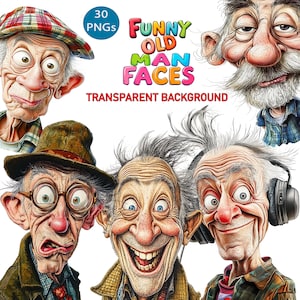 30 Funny Old Man Faces Clip Art PNG Transparent Background High Quality Digital Download Prints, Sublimation, Watercolor Sassy Senior