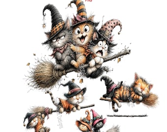 Funny Halloween Cats PNG Clipart, Whimsical Witch Graphics, Transparent Background, Digital Download