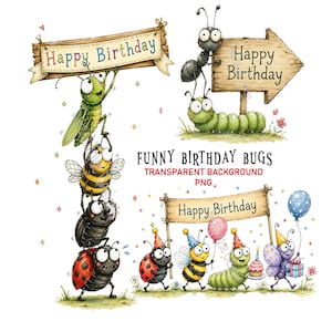 Op de afbeelding: Een grillige illustratie met cartoon insecten die een verjaardag vieren. De afbeelding toont een sprinkhaan, een bij, een lieveheersbeestje, een mier en een rups, elk met borden met "Happy Birthday". De tekst "Funny Birthday Bugs" is ook aanwezig.