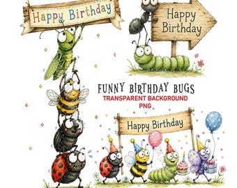 Clipart di insetti divertenti per il compleanno, 12 illustrazioni di insetti in stile cartone animato in formato PNG, download digitale con sfondo trasparente per sublimazione e stampa.