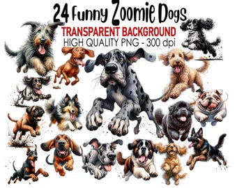 24 Transparent Background Funny Zoomie Dogs Clip Art, PNG 300 dpi High Quality Digital Download Prints Watercolor, Sublimation Puppy