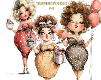 Curvy Birthday Lady PNG Clipart, Whimsical Woman Graphics, Transparent Background for Sublimation or Print, Digital Download