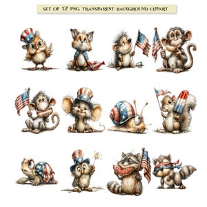 A collection of 12 funny, whimsical 4th of July patriotic animal clipart graphics in a detailed, sketch-style illustration format. The set includes a monkey eating a hot dog, a bug-eyed snail with a flag shell, a raccoon eating watermelon, an owl with a sparkler, a squirrel with a patriotic popsicle, plus a hedgehog, fox, turtle, mouse, and chicken. All characters feature vibrant red, white, and blue American flag themes perfect for sublimation and crafting.