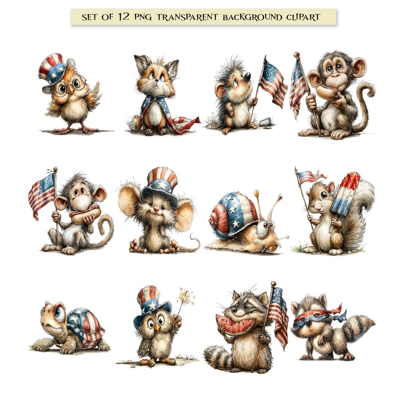 A collection of 12 funny, whimsical 4th of July patriotic animal clipart graphics in a detailed, sketch-style illustration format. The set includes a monkey eating a hot dog, a bug-eyed snail with a flag shell, a raccoon eating watermelon, an owl with a sparkler, a squirrel with a patriotic popsicle, plus a hedgehog, fox, turtle, mouse, and chicken. All characters feature vibrant red, white, and blue American flag themes perfect for sublimation and crafting.