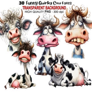 30 imágenes prediseñadas de caras de vaca divertidas y peculiares con fondo transparente, PNG 300 dpi, impresiones digitales de alta calidad, sublimación de acuarela