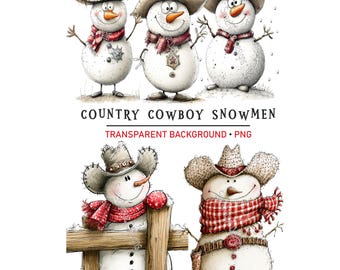 Country Cowboy Snowmen PNG Clipart, Rustic Western Holiday Graphics, Digital Download