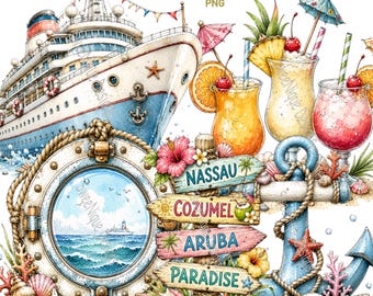 Cruise Ship Vacation PNG Clipart: 20 Nautical Tropical Graphics, Transparent Background, Digital Download, Watercolor