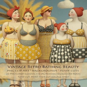 以下が含まれることがあります： ヴィンテージスタイルの水着を着た女性5人のイラスト。水着は、黄色、黒、白のドット、ギンガム、フローラル柄です。女性はスカーフと帽子をかぶっています。下部のテキストは「VINTAGE RETRO BATHING BEAUTY」と書かれており、クリップアート要素がリストされています。