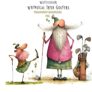 May include: Watercolor illustration of two whimsical Irish golfers. One golfer is in a green kilt, holding a golf club, and balancing on one leg. The other golfer is wearing a pink coat and holding a golf club. A golf bag with clubs is also present.
