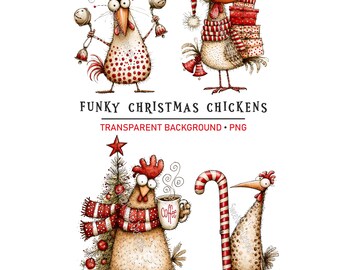 Funky Christmas Chickens PNG Clipart, Whimsical Farm Bird Graphics, Digital Download
