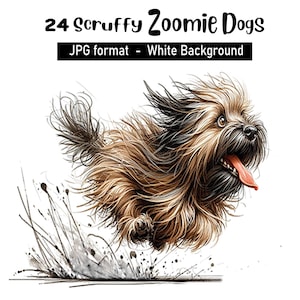24 chiens Zoomie débraillés JPG fond blanc Clip Art 300 dpi téléchargement numérique haute qualité impressions Sublimation Journal Scrapbooking Artisanat