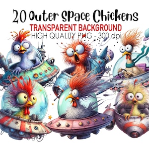 May include: 20 Outer Space Chickens - Transparent Background High Quality PNG - 300 dpi. A digital illustration of 20 cartoon chickens in spaceships. The chickens are colorful and have different expressions. The spaceships are flying in the air and have a variety of designs.