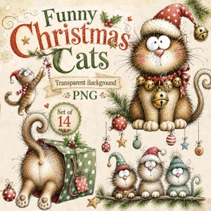 Peut inclure: Un ensemble d'illustrations numériques intitulé Funny Christmas Cats présentant quatorze chats en tenue de fête, incluant un grand chat avec des grelots, un chat dans un cadeau, et des petits chats avec des bonnets, ornés de décorations rouges et vertes.