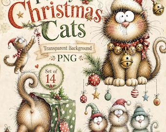 Funny Christmas Cats PNG Clipart, Whimsical Holiday Graphics, Transparent Background, Digital Download