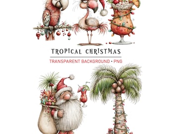 Tropical Christmas PNG Clipart,  Funny Beach Santa, Reindeer, Flamingo, Digital Download