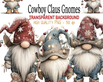 Images clipart de gnome cowboy Père Noël champêtre : 18 PNG de gnomes rustiques de Noël sur fond transparent à télécharger