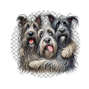 May include: A digital illustration of three shaggy-haired dogs huddled together. The dog on the left has brown and gray fur with blue eyes, the center dog is light gray with its tongue out, and the right dog has dark gray fur and blue eyes.