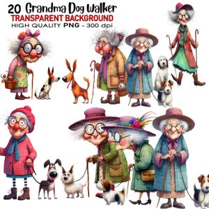 20 Transparent Background Grandma Dog Walker Old Ladies Clip Art, PNG 300 dpi High Quality Digital Download Prints Sublimation