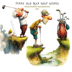 May include: Watercolor illustration of three humorous old men golfing. One swings a club, another leans on a club, and the third has a golf bag. The text at the top reads "FUNNY OLD MAN GOLF SCENES".