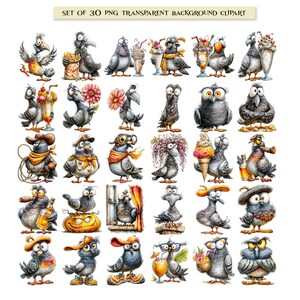 Funny pigeon clipart set featuring 30 whimsical watercolor-style PNG graphics with transparent backgrounds, including quirky city pigeons with oversized eyes, flowers, tropical drinks, ice cream, scarves, hats, sunglasses, seasonal accessories, and playful expressions.