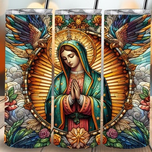 Vitral de la Virgen de Guadalupe, sin costuras, envoltura para vaso delgado y recto de 20 oz, diseño de sublimación, descarga digital, PNG, Navidad religiosa
