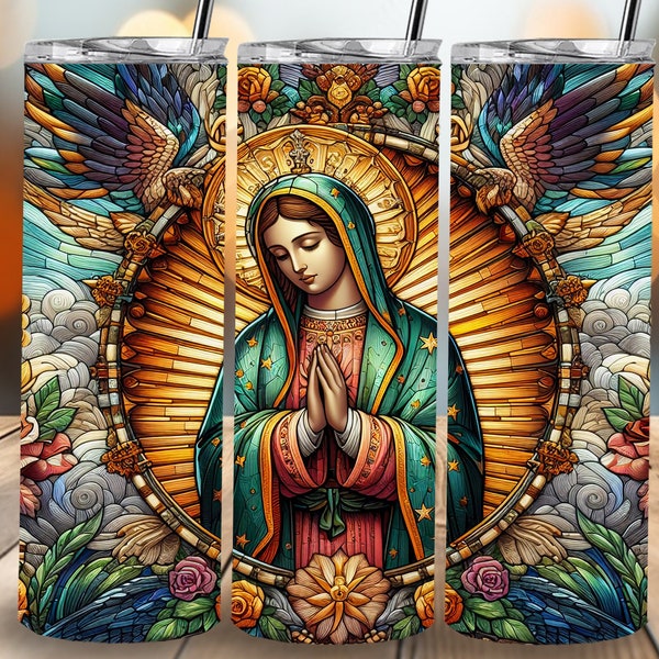 Lady of Guadalupe Stained Glass, Seamless, 20oz Skinny Straight Tumbler Wrap, Sublimation Design, Digital Download, PNG, Christmas Religious