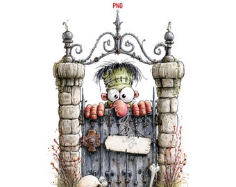 Spooky Halloween Gates Clipart, Haunted Graphics, Pumpkin, Ghost, Witch (Digital Download)
