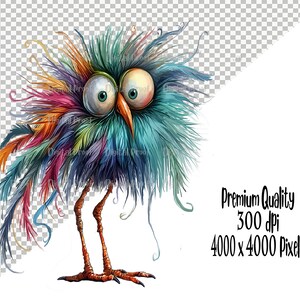 Peut inclure: Un oiseau de style cartoon color&eacute; avec de grands yeux ronds et un corps couvert de plumes en d&eacute;sordre. L'oiseau a un long bec fin et se tient sur deux pattes.